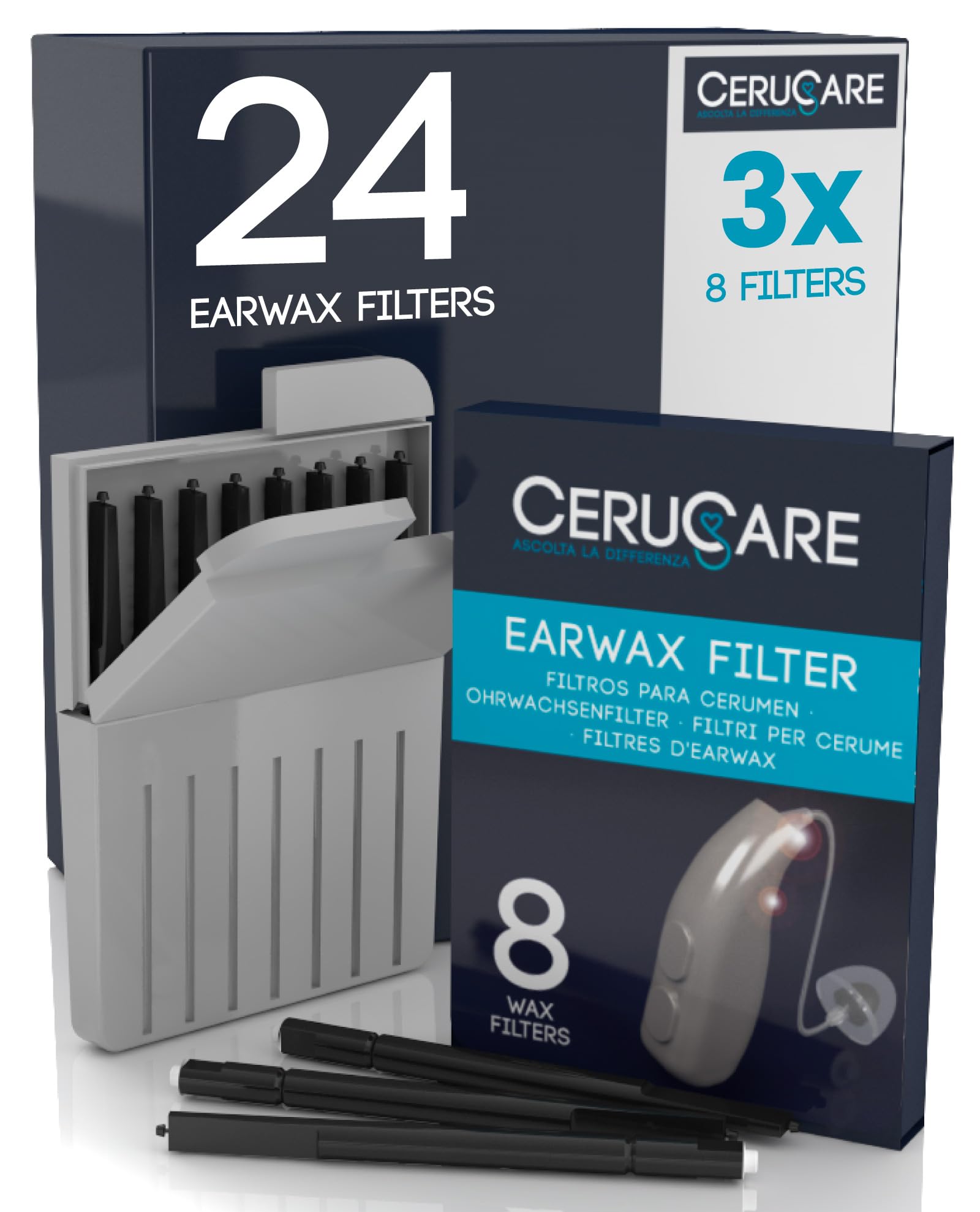 24 Earwax Filters for Hearing Aids Wax Guard CeruCare for Quick and Effective Cleaning Protects Hearing Aid from Dust and Moisture with Resealable Hard Case Diameter 1.3mm