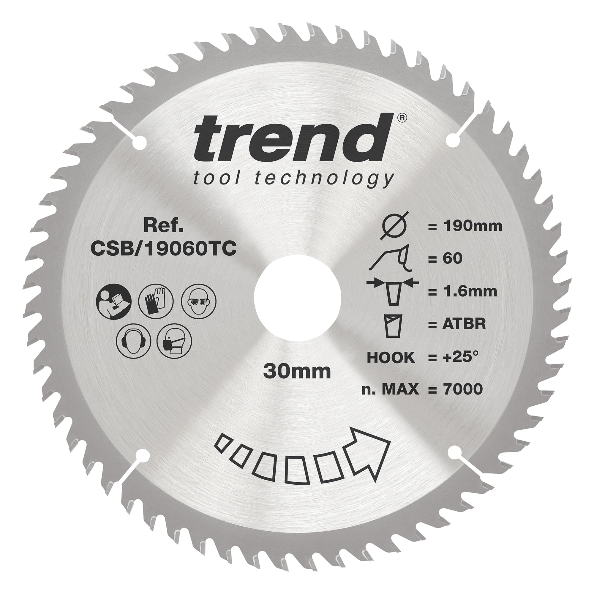 Trend Wood Cordless ATBR Circular Saw Blade, 190mm Diameter, 30mm Bore, 60 Teeth, 1.6mm Kerf, +25° Hook, TCT, Extra-Fine Finish, CSB/19060TC