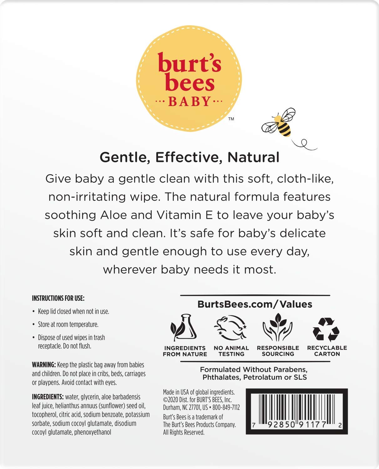 Burt’s Bees Baby Wipes, Unscented Natural for Sensitive Skin with Aloe and Vitamin E - 72 Baby Wipes – 10 Pack