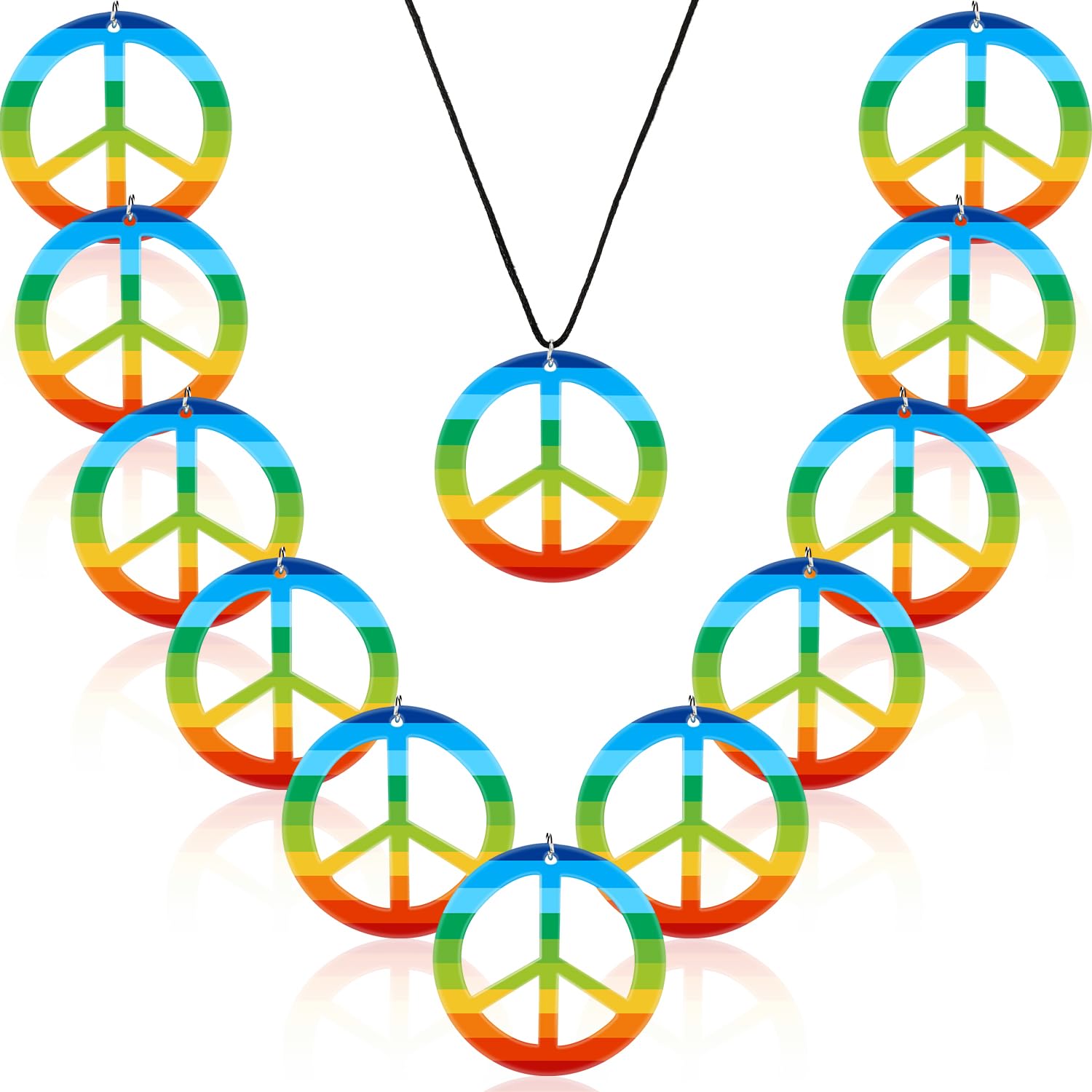 12 Pieces Rainbow Peace Necklaces Plastic Peace Sign Pendant Necklace Costume Accessory 1960's Hippie Accessories