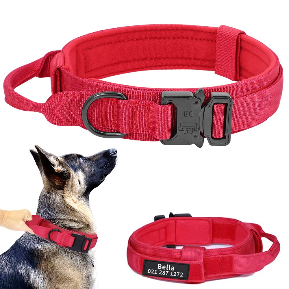 Photo 1 of ***STOCK PHOTO FOR REFERENCE ONLY***Personalized Military Tactical Dog Collar with Handle, Custom Pet Name Tags for Medium Large Dogs Walking Training (Red, L)