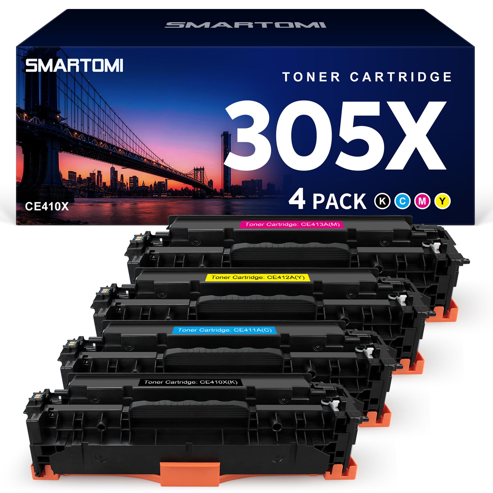 SMARTOMI 305X CE410X Toner Cartridges Remanufactured for HP 305X CE410X 305A CE411A CE412A CE413A for HP LaserJet Pro 400 color M451dn M451nw M451dw MFP M475dw M475dn M375nw M351a (4-Pack)