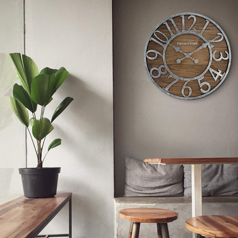 Presentime & Co Vintage Farmhouse Series, Galvanized Rustic Barnwood Clock, 19.5 inch, Galvanized Finish Arabic Numerals with Weathered Natural Barnwood, Farmhouse Décor/Wall Décor