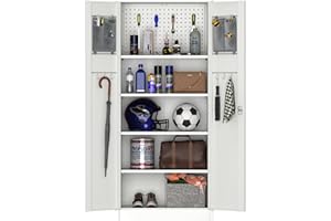 GLADIW Garage Storage Cabinet, Metal Storage Cabinet with Lockable Doors and 5 Adjustable Shelves, Tool Cabinet with Pegboard for Garages, Offices and Tool Rooms, Gray, Assembly Required