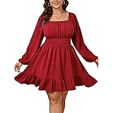 SHESTARR Womens Plus Size Dress Long Lantern Sleeve Square Neck Elastic Waist A-Line Mini Short Dress