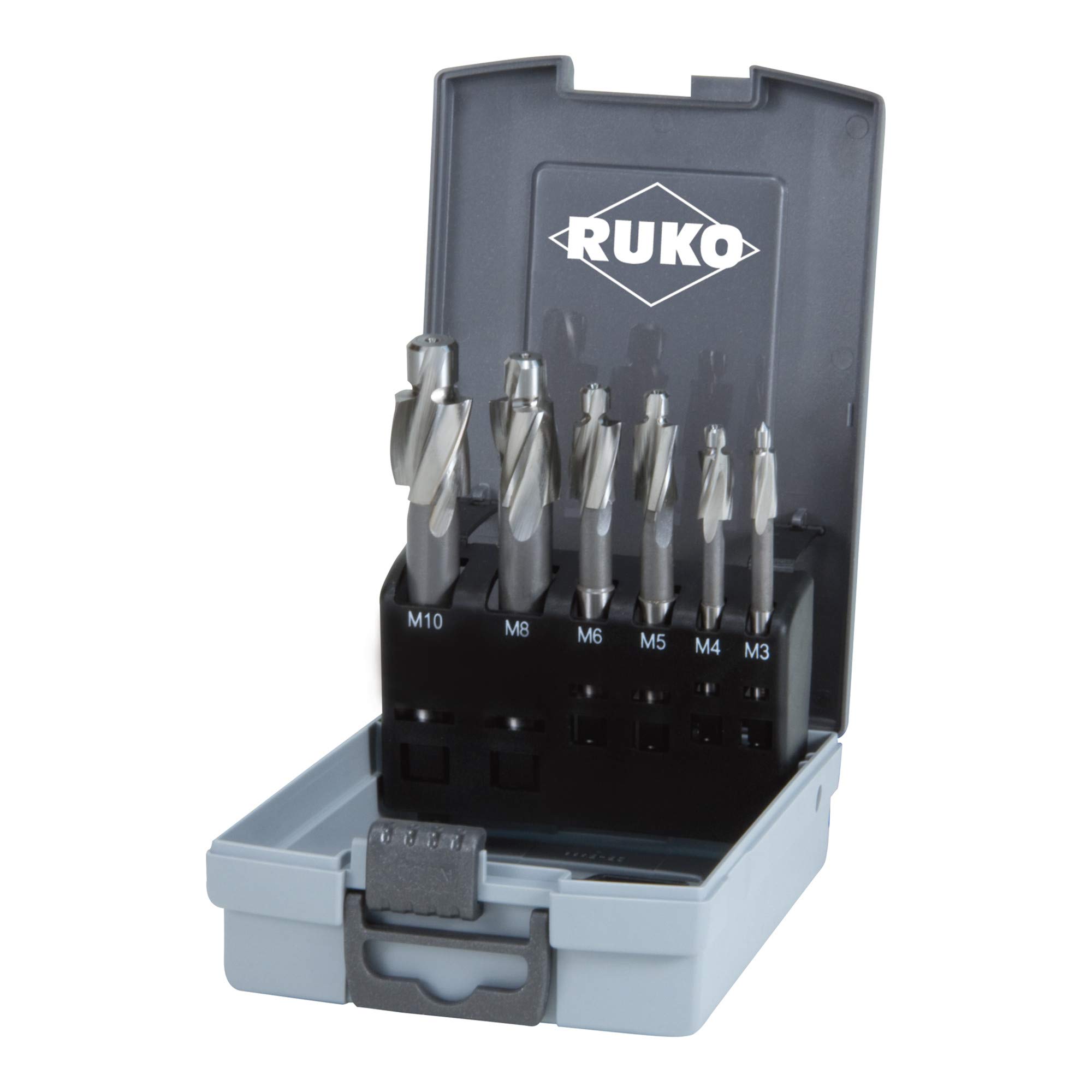 RUKO HSS Flat Counter Sinker Set with Straight Shank and Fixed Pilot in Plastic Case, DIN 373, Bright Finish, 6 Pieces, R102452RO