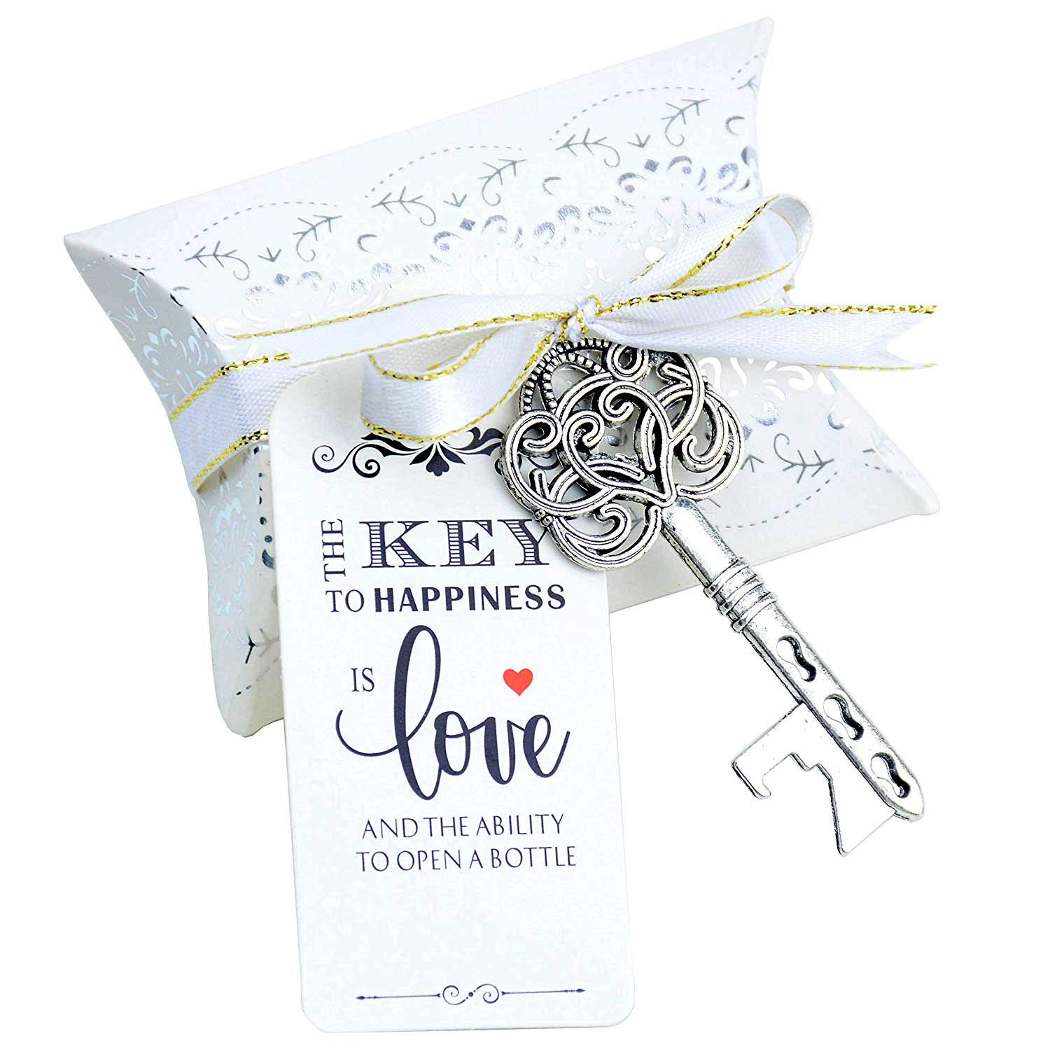 Aokbean 50pcs Antique Vintage Skeleton Key Bottle Openers Wedding Favor Guest Souvenir Gift Set Pillow Box Escort Thank You Tag French Ribbon(Antique Silver)
