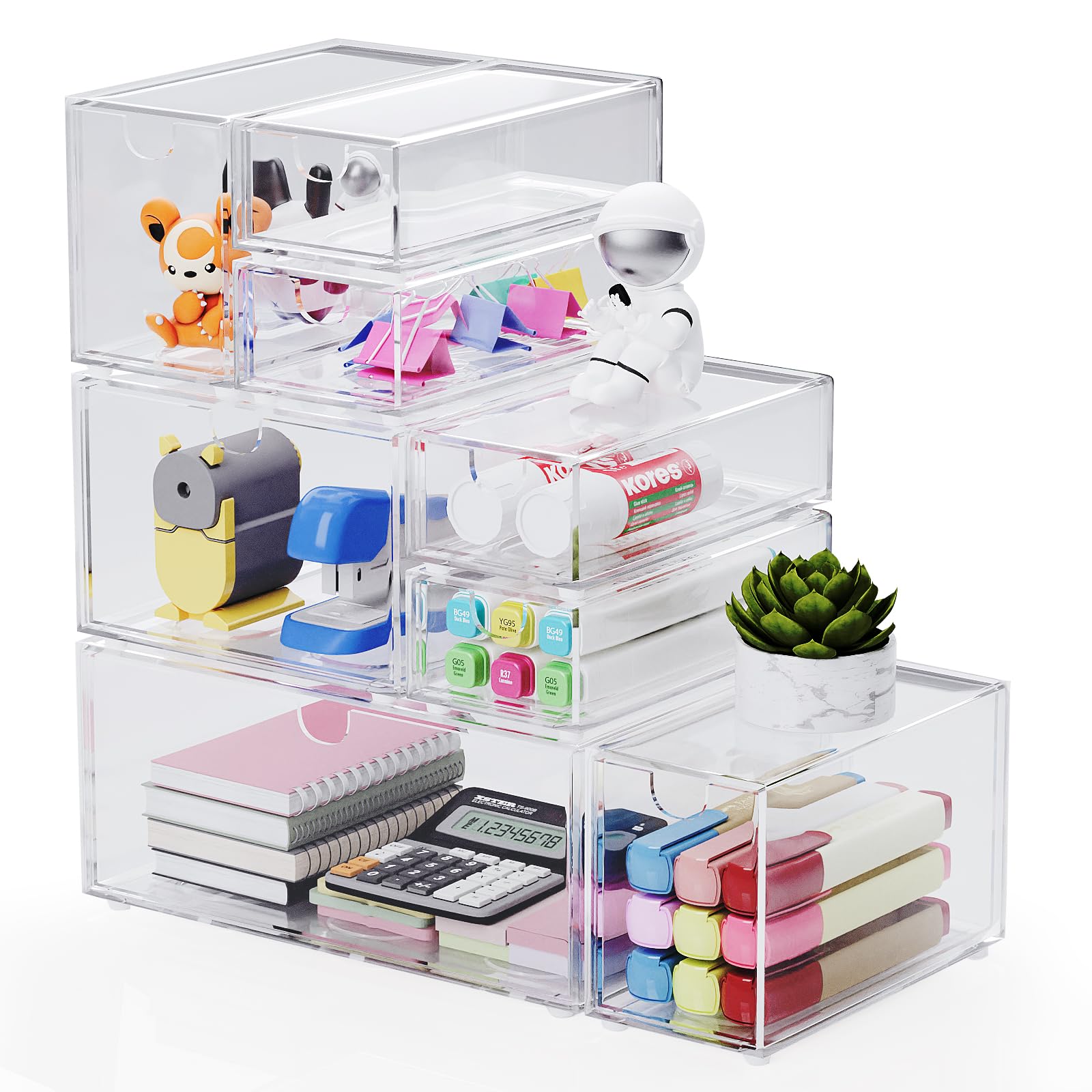 Photo 1 of Stackable Acrylic Desk Storage, Clear Plastic Drawer Storage With 8 Drawers, 4 Different Sizes, Suitable For Desktop, Cosmetics, Pens, Stationery, Jewelry, Crafts Storage And Organization
