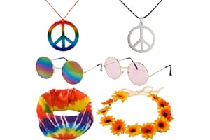 70s Hippie Costume Accessories Set (6 Pack), 2pcs Necklaces Tie Headband, Sunglasses, Groovy Party Jewelry Outfit Accessories