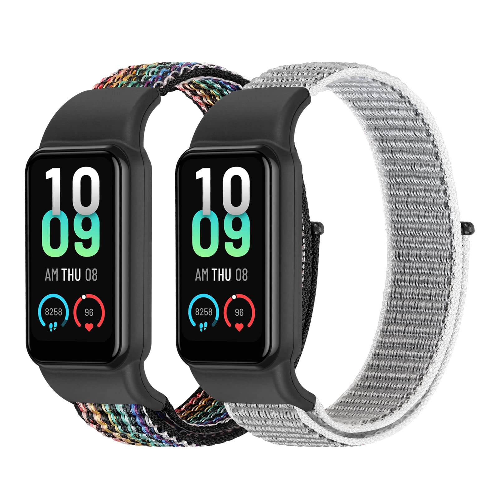 Tiptops Straps Compatible for Amazfit Band 7 Band, 2 Pack Breathable Comfortable Braided Adjustable Nylon Sport Solo Loop Replacement Wristband for Amazfit Band 7 for Women Men, BlackRainbow+Seashell