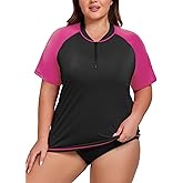 ForHailey Women's Plus Size Short Sleeve Rash Guard Swim Shirt UPF 50+ Sun Protection Zip Swimsuit Tops 1XL-5XL