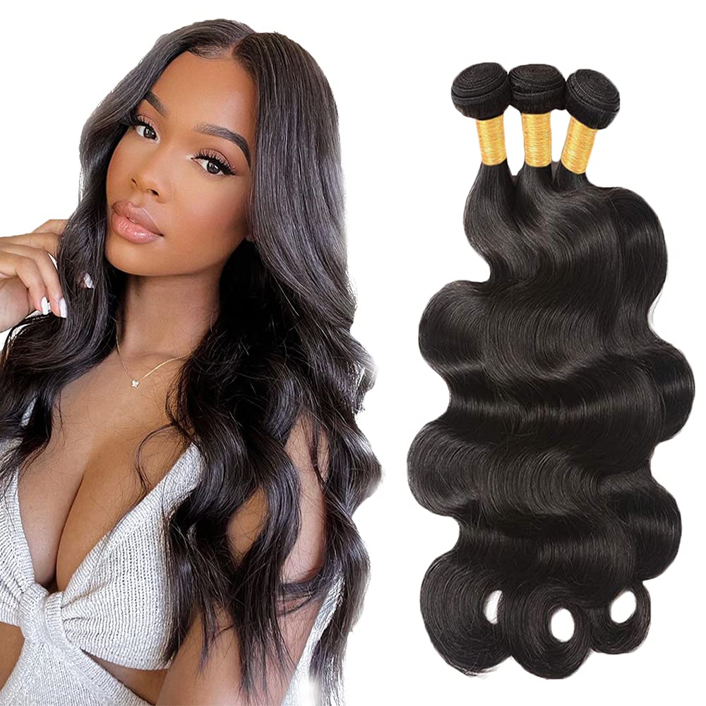 Photo 1 of #1B Body Wave Bundles Human Hair 12 14 16 Inch Natural Black Body Wave Bundle Human Hair Extensions Unprocessed Virgin Remy Hair 3 Bundle 50 Gram Per Bundle For Women