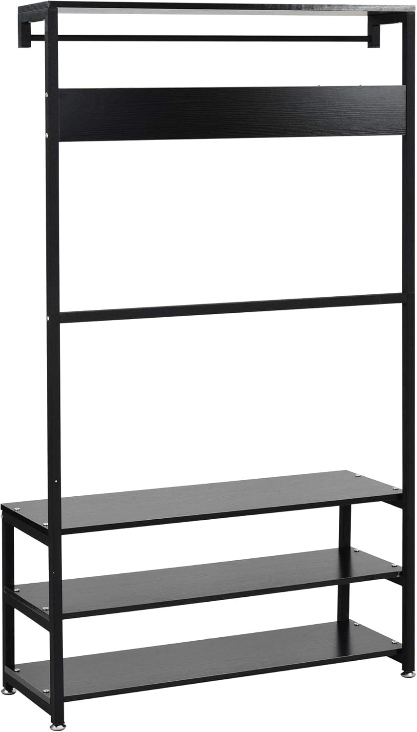 white entryway shoe bench on Entryway Furniture Black Hall Tree With Entryway Storage Shelf Organizer Easy Assembly Industrial Accent Furniture With Metal Frame Shoe Bench Coat Rack 7 Hanging Hooks 5 In 1 Design Hall Trees