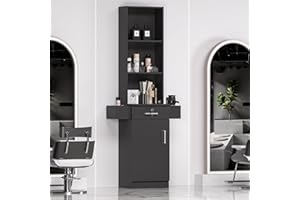 TOVRON Black Barber Salon Work Station for Hair Stylist Home Beauty Salon Equipment Barber Supplies Organizer Cabinet 70 Inch Barbershop Furniture