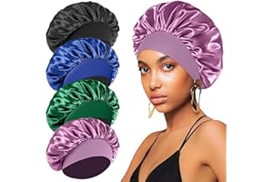 4PCS Silk Bonnet for Sleeping,Hair Wrap Satin Bonnets Shower Cap for Black Women Men, Elastic Wide Band Hair Bonnet Cap for S