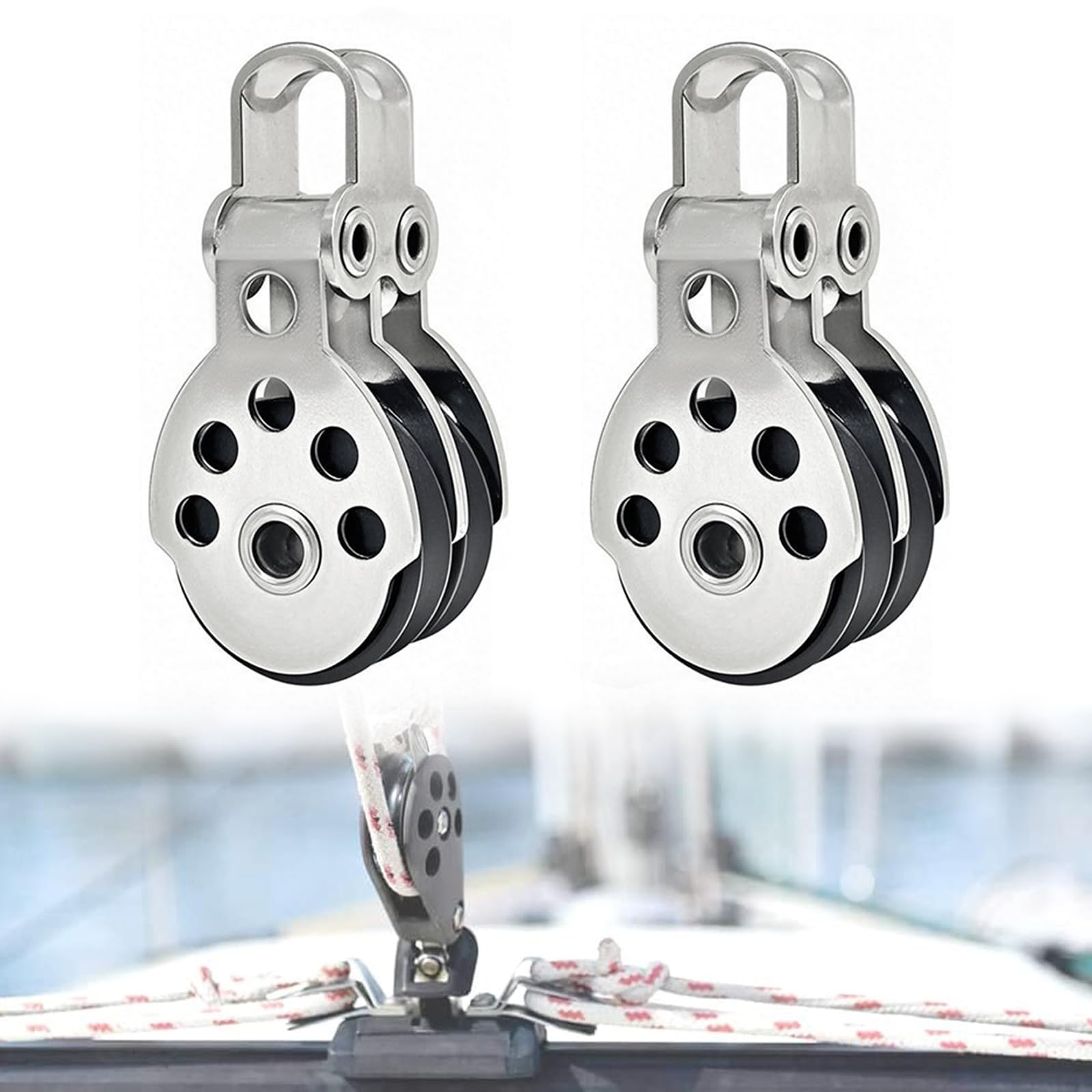 UISKEDS Marine Double Pulley Block - Stainless Steel Bearing Block for Boats, Sailboats, Kayaks, and Rope Pulling, Max Load 661 lbs (2)