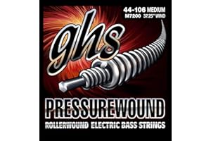 GHS Strings – Pressurewound Bass Guitar Strings – Alloy 52 Rollerwound for Smooth Feel, Bright Punchy Tone & Reduced Finger Noise – Medium Gauge (M) - 44-106 (M7200 Set)