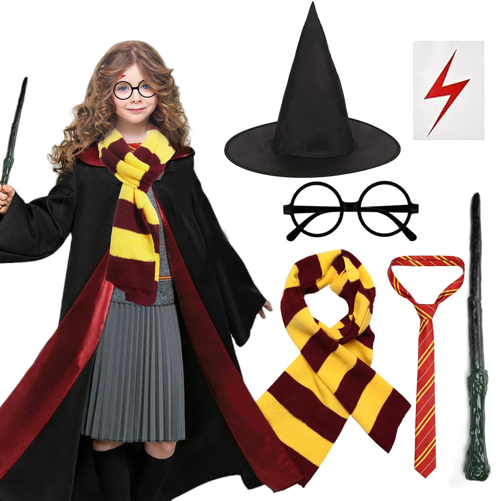 7 PCS Wizard Costume,Halloween Costume,Wizard Accessories Set for Kids, Can Participate in Halloween, Fancy Dress, To Meet Your Role Play Needs,Enter the Magical World (155cm)