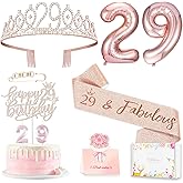 Awfrky 29th Birthday Decorations for Her Women, Including 29 year old Birthday Cake Topper, Queen Sash with Pearl Pin, Sweet Rhinestone Tiara Crown, Number Candles and Balloons Set, Rose Gold