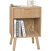 Fultyle Night Stand with Drawer, Mid Century Nightstand with Storage, Modern Fluted Bedside Table Bedroom Living Room for Small Space, Office (Rustic Walnut)