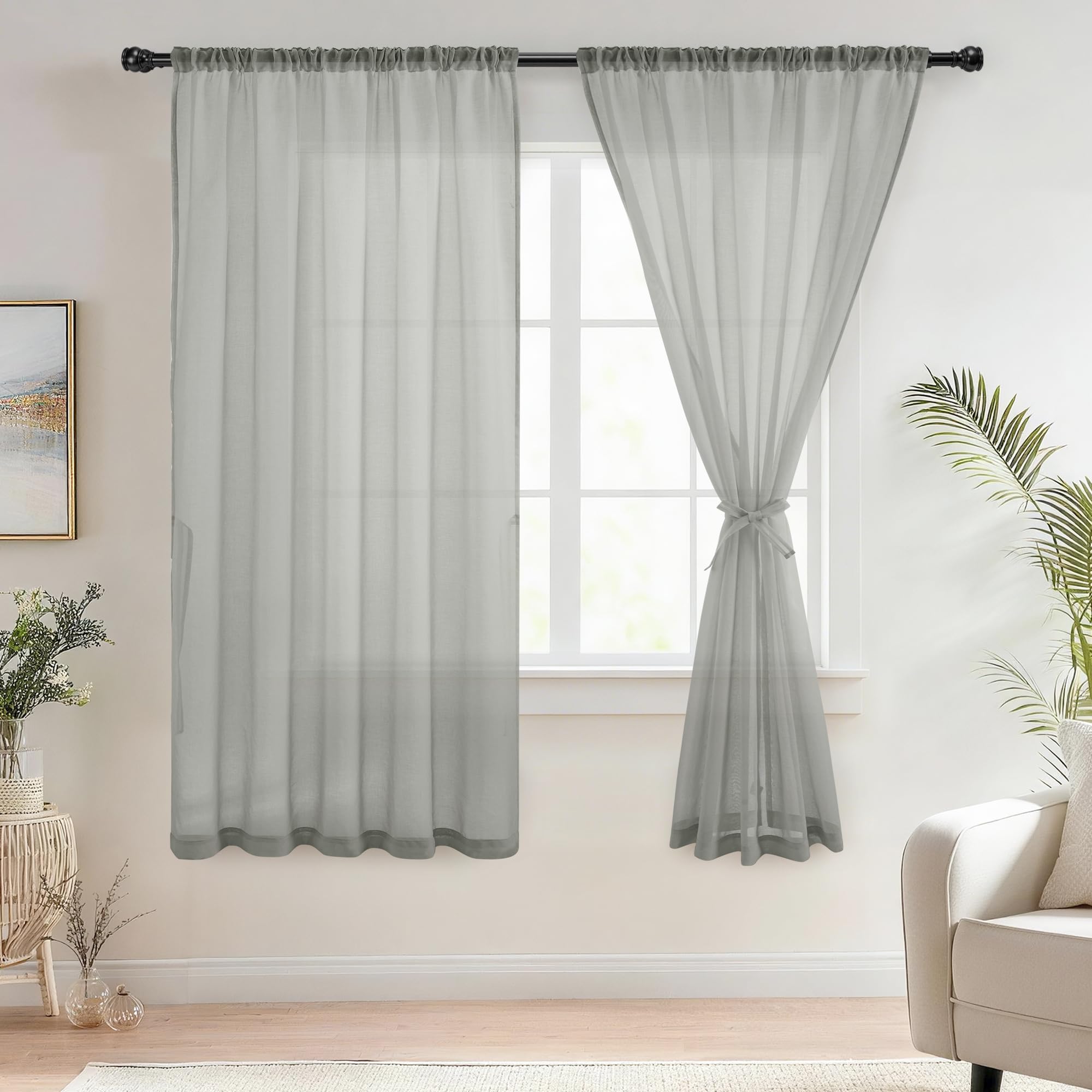 DWCN Grey Net curtains for Windows Pencil Pleat Sheer Curtains with Tiebacks Voile Curtain 2 Panels, Grey, W52 x L63 Inch