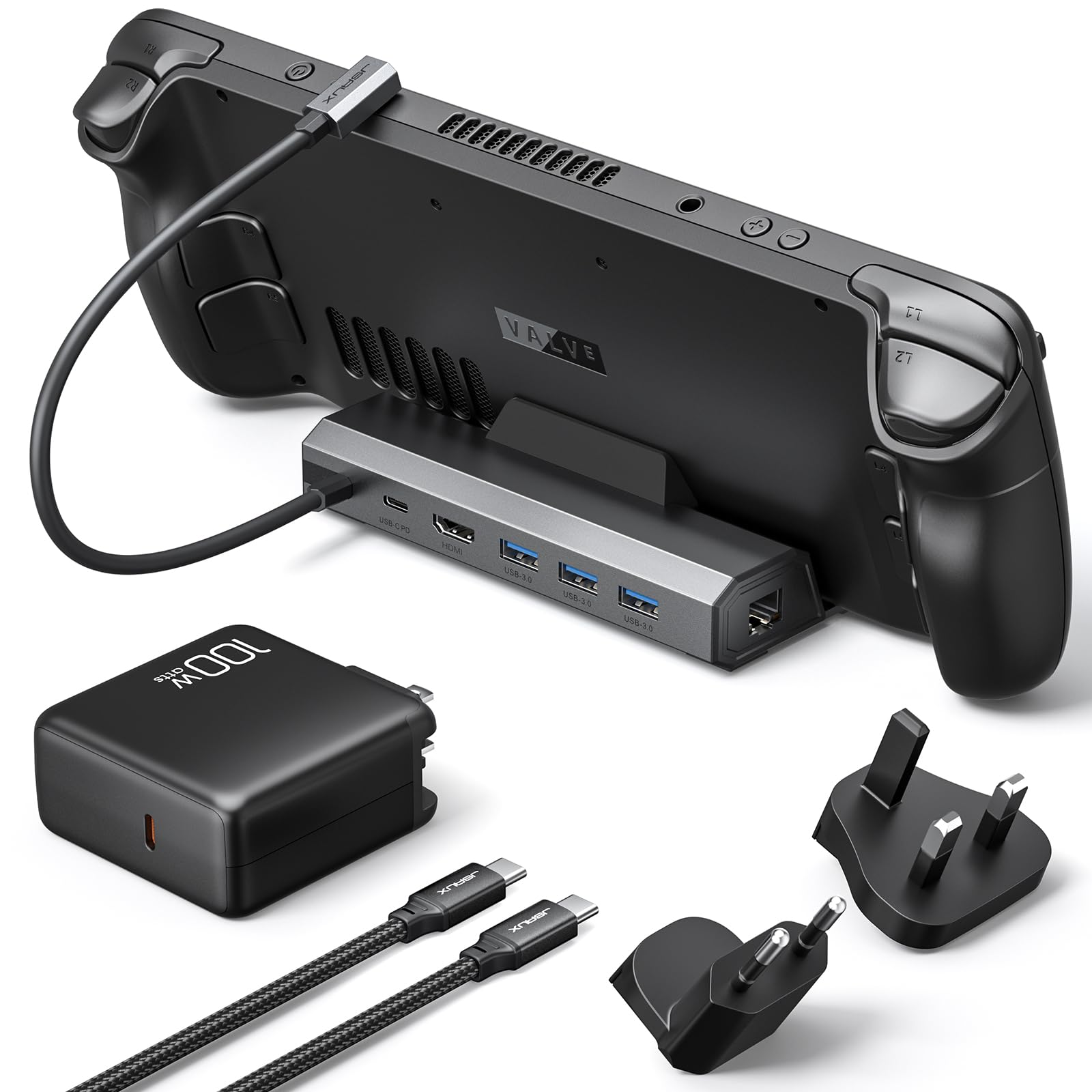 Photo 1 of JSAUX Docking Station and 100W Charger Compatible with Steam Deck OLED/ROG Ally X/Legion Go (S), 6-in-1 Dock with HDMI 4K@120Hz, Gigabit Ethernet, 3 USB 3.0 and 100W Charge-HB0603