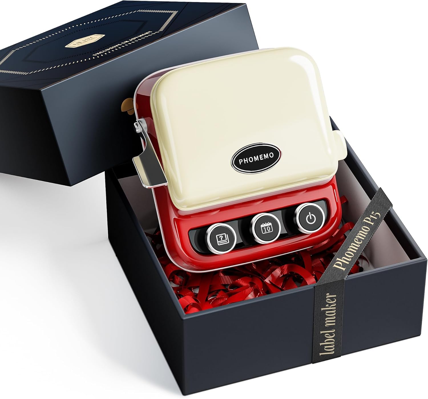 Phomemo P15 Ribbon Label Maker Machine with Tape, Bluetooth Retro Label Printer, One-Touch Date Printing, Inspiration Button and Gift Bag Home School Ribbon, Vintage Red
