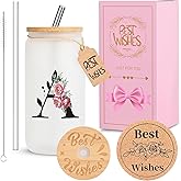 Personalized Initial Glass Cup for Women, HWJH 16oz Glass Cup with Lids and Straws, Monogrammed Gift Set, Frosted Reusable Tumbler with Gift Box & Cork Coaster for Iced Coffee, Valentine, Birthday (A)