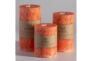 MOZEAL Hand-Poured, Unscented Orange Crystal Pillar Decorative Candles, Elegant Set of 3 in Different Sizes (3"x4", 3"x5", 3"x6"), Luxurious Décor for Fall Homes & Events