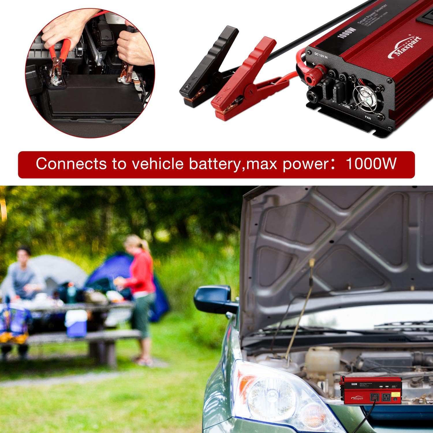 Maxpart 1000W Power Inverter Truck/RV Inverter 12V DC to 110V AC Converter with Dual AC Outlets 2.4A USB and Dual 12V Car Cigarette Lighter Modified Wave Inverter: Car Electronics