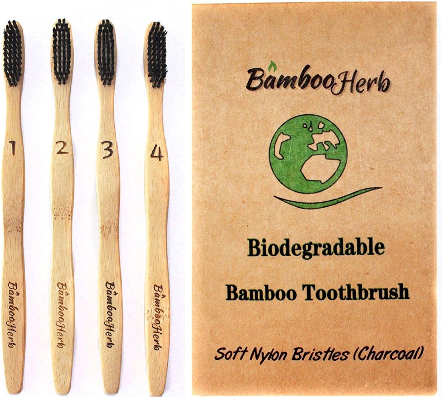 Natural Bamboo Charcoal Infused Toothbrush with BPA Free Nylon Bristles, Individually Numbered - Eco-Friendly- Sustainable & 100% Natural Organic Biodegradable - Pack Of 4