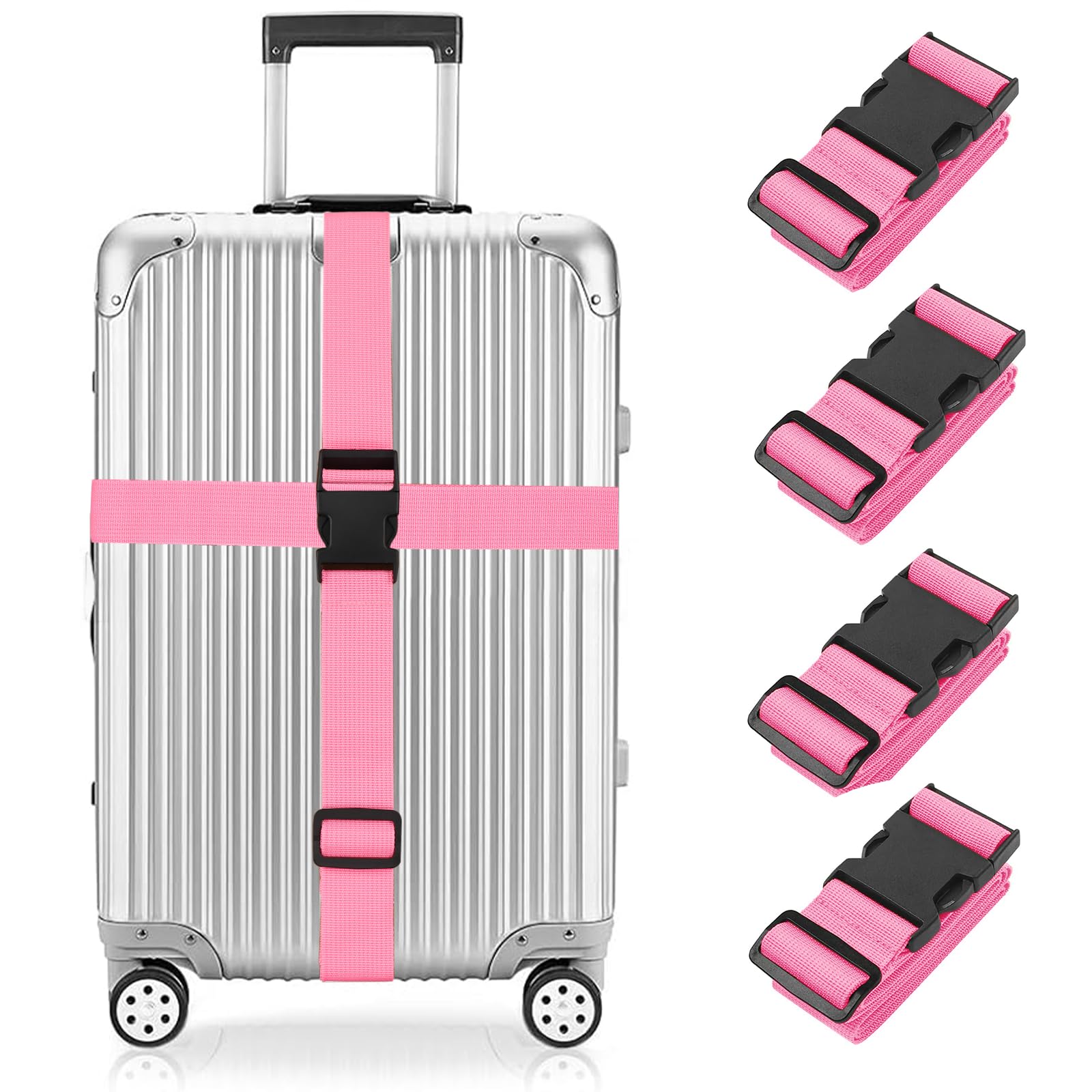 Newthinking Luggage Straps for Suitcase 4 Pack, Heavy Duty Adjustable Suitcase Bands with Buckle, Pink Luggage Identifier Belts for Travel Case, 3.8x200CM