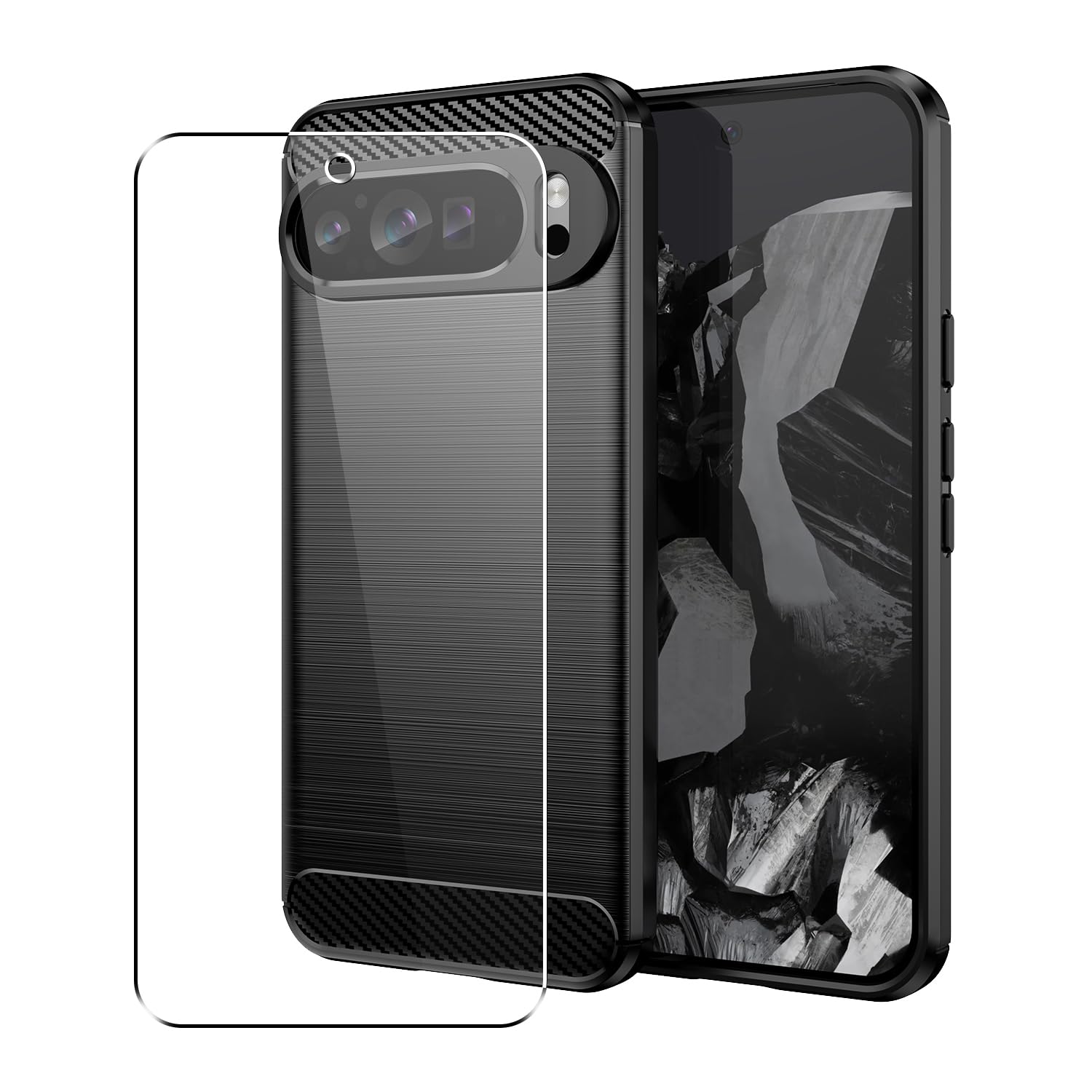 SDTEK Case for Google Pixel 9 Pro XL Full Body Front and Back 360 Protection Carbon Fibre Phone Cover with Tempered Glass Screen Protector