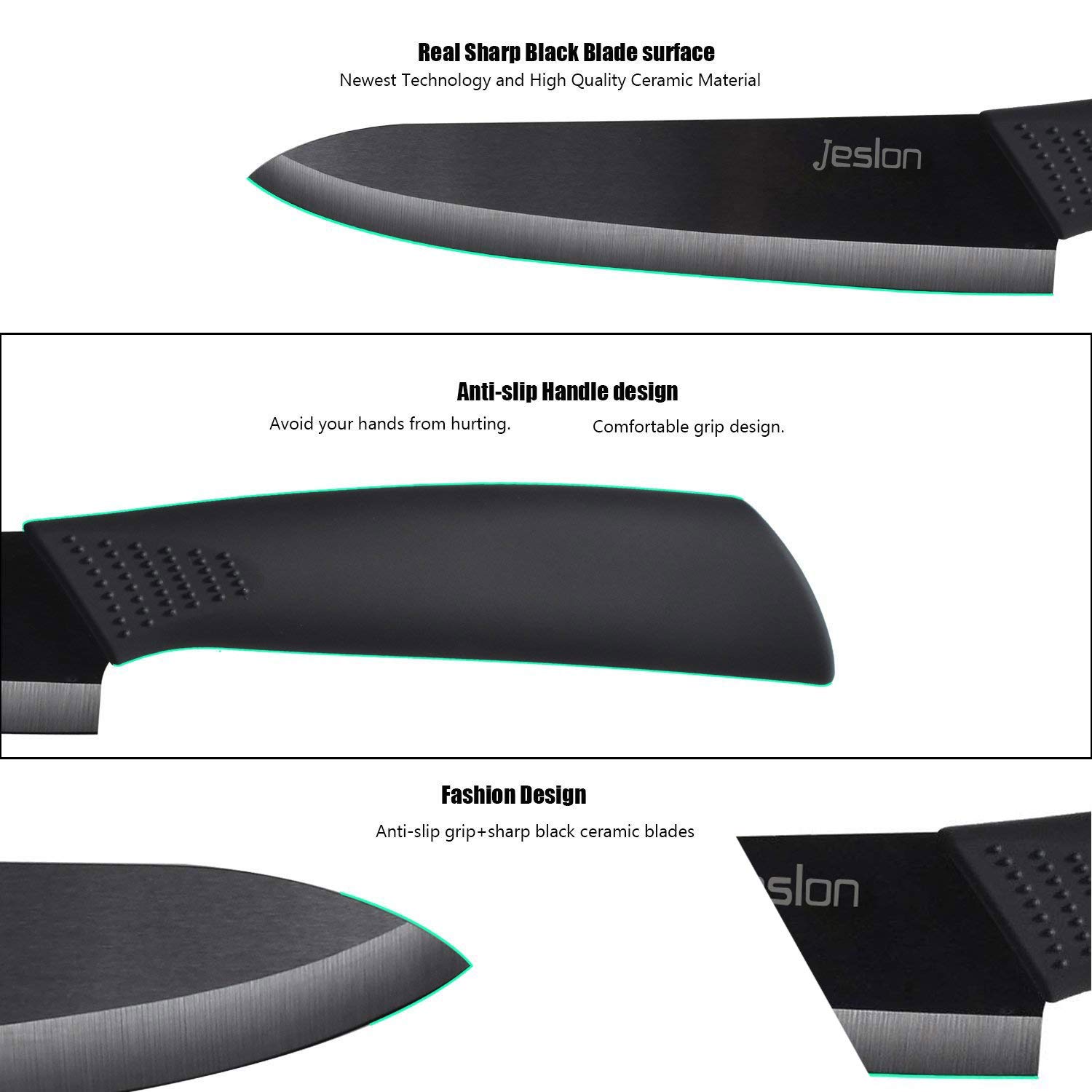 Jeslon Kitchen Knives Set, 5 Piece Ceramic Knives Black Blade 3inch Paring Knife, 4inch Fruit Knife, 5inch Utility Knife, 6inch Chef Knife and One Peeler