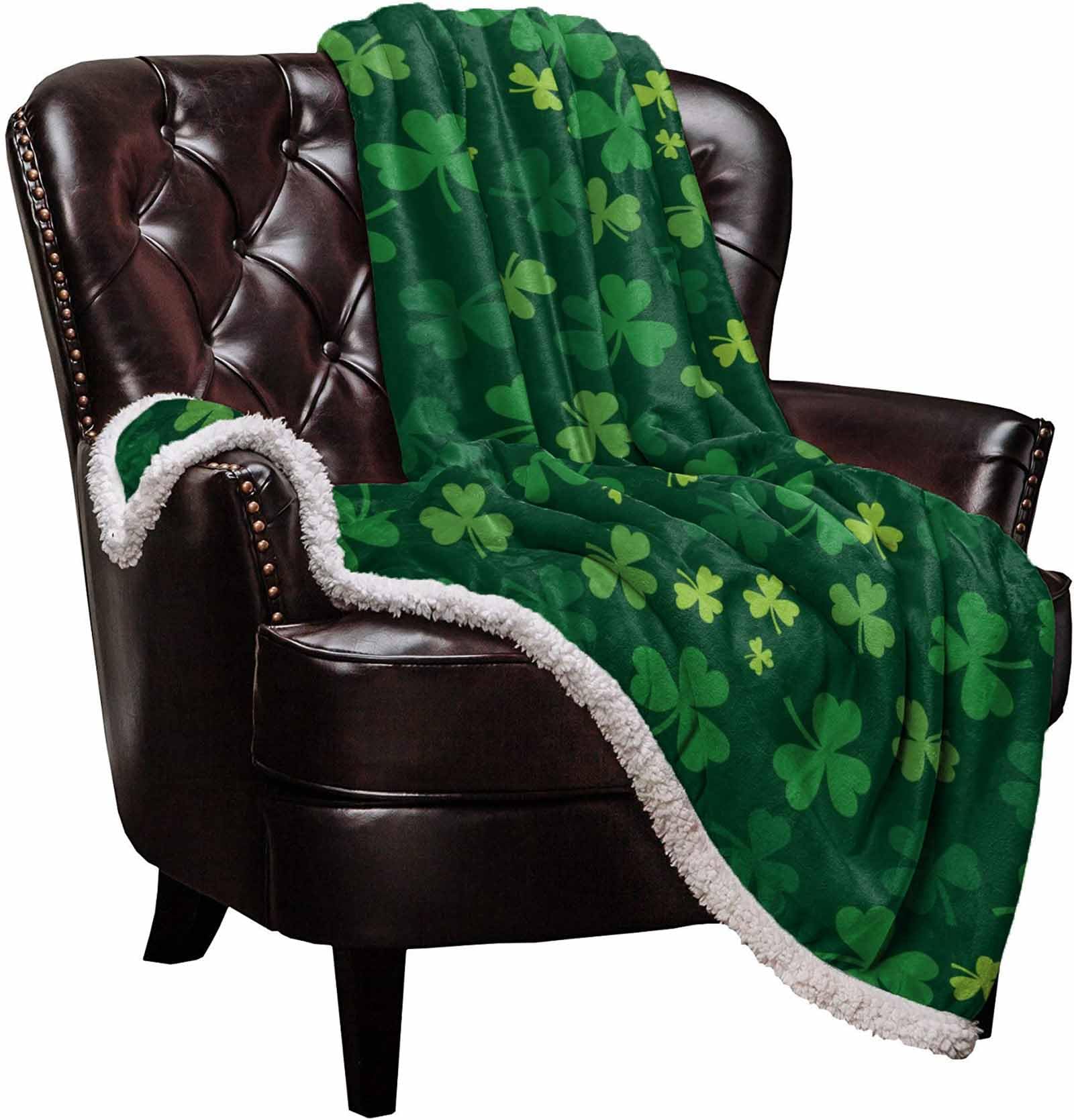 Sherpa Fleece Blanket with St. Patrick's Day Green Shamrocks Pattern, Soft, Cozy, Luxury 60"x80" Reversible Super Warm Fluffy Plush Microfiber Throw Blanket for Couch Image
