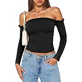 Tankaneo Womens Off The Shoulder Tops Going Out Crop Slim Fit Long Sleeve Shirts Y2K Ruched Cute Blouse
