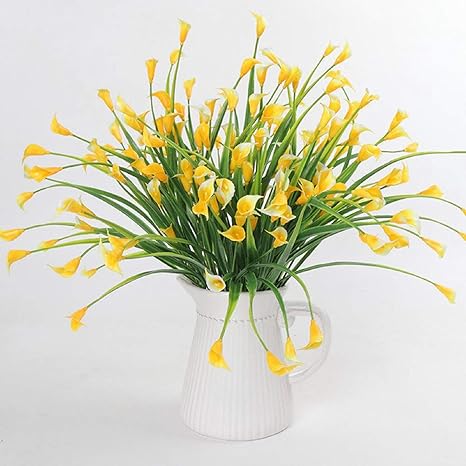 Amazon 10花束屋外造花 紫外線保護植物 カントリーガラス人工偽ユリの花 人工雑草の花 黄 造花 オンライン通販