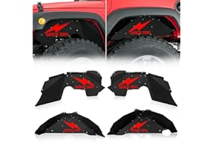 YZONA Front & Rear Inner Fender Liners Compatible with 2007-2018 Jeep Wrangler JK & JKU Unlimited Sport Sahara Rubicon, Steel Mud Guards Red Lightning Logo Wheel Well Cover Fenders Flares (2/4 Doors)