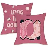 Fahrendom Pink Western Long Live Cowgirls Decorative Throw Pillow Covers 18 x 18 Set of 2, Coquette Cowboy Cowgirl Boots Pillowcase, Sofa Couch Cushion Case Home Decor Gifts for Women Girls Teens