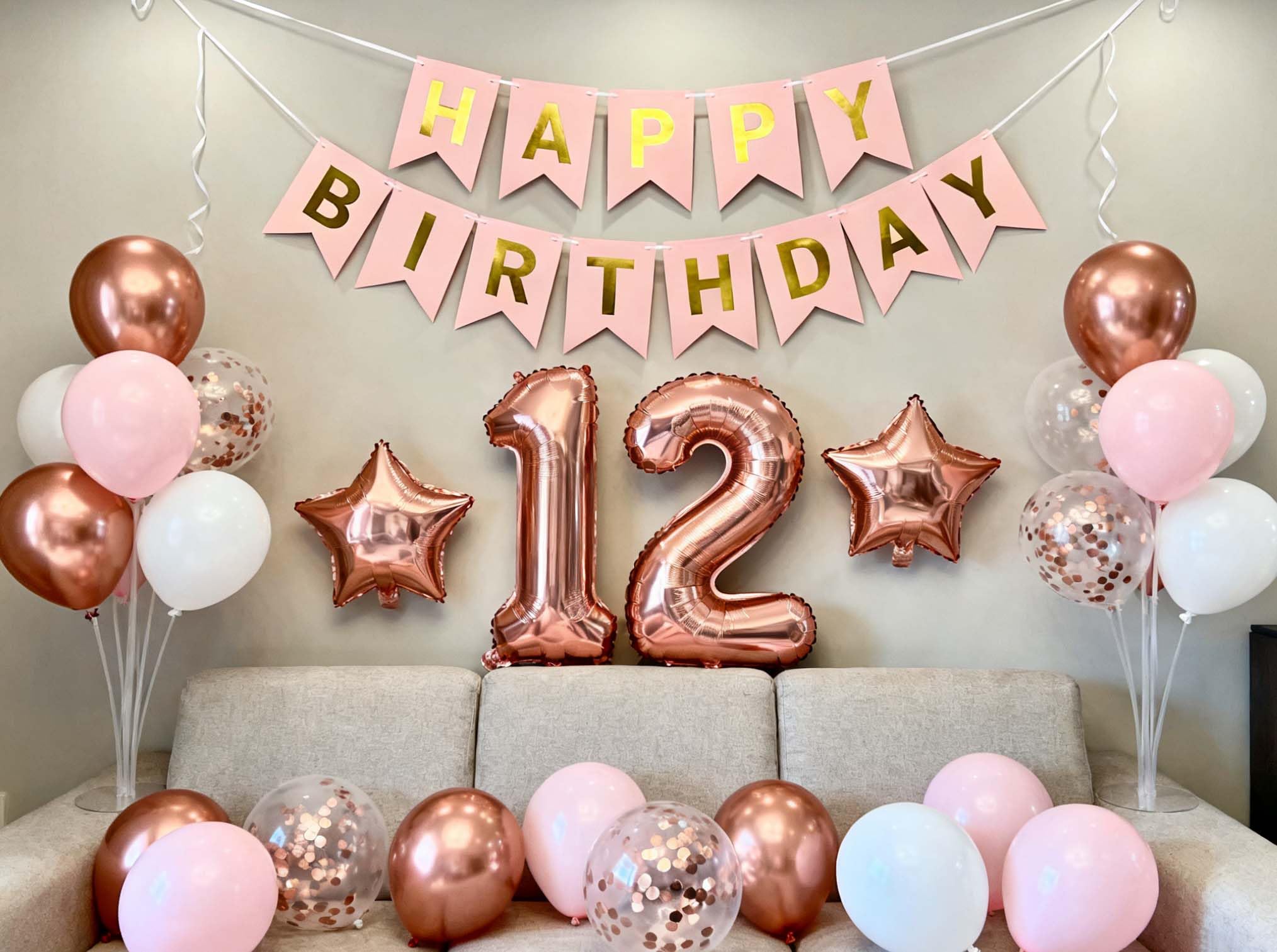 12th Birthday Party Balloons Decorations Rose Gold for Girls, 12th Birthday Banner Rose Gold Number 12 Foil Confetti Balloons for Girls Her Daughter 12 Year Old (12th)