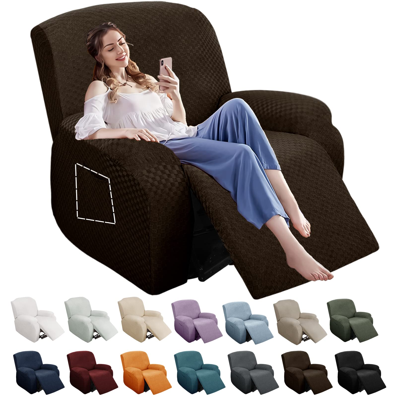 Photo 1 of YEMYHOM 4 Pieces Stretch Recliner Slipcover Latest Jacquard Recliner Chair Cover with Side Pocket Anti-Slip Fitted Recliner Cover Couch Furniture Protector with Elastic Bottom (Recliner, Dark Coffee)