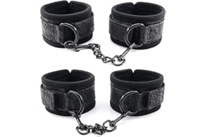 Women and Men Padded Leather Bondage Handcuffs and Ankle Cuffs for Sex Games, Bondage Set BDSM Restraints Toys Sex Cuffs (Bla