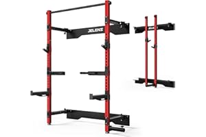 JELENS Folding Squat Rack, Wall Mounted Power Rack for Home Gym, Space Saving Multi-Functional Power Cage with Attachments