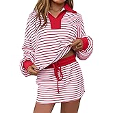 MAOECO Womens 2 Piece Set Striped Sweatshirt Skirt Set Casual Long Sleeve Skort Workout Matching Lounge Set with Pockets
