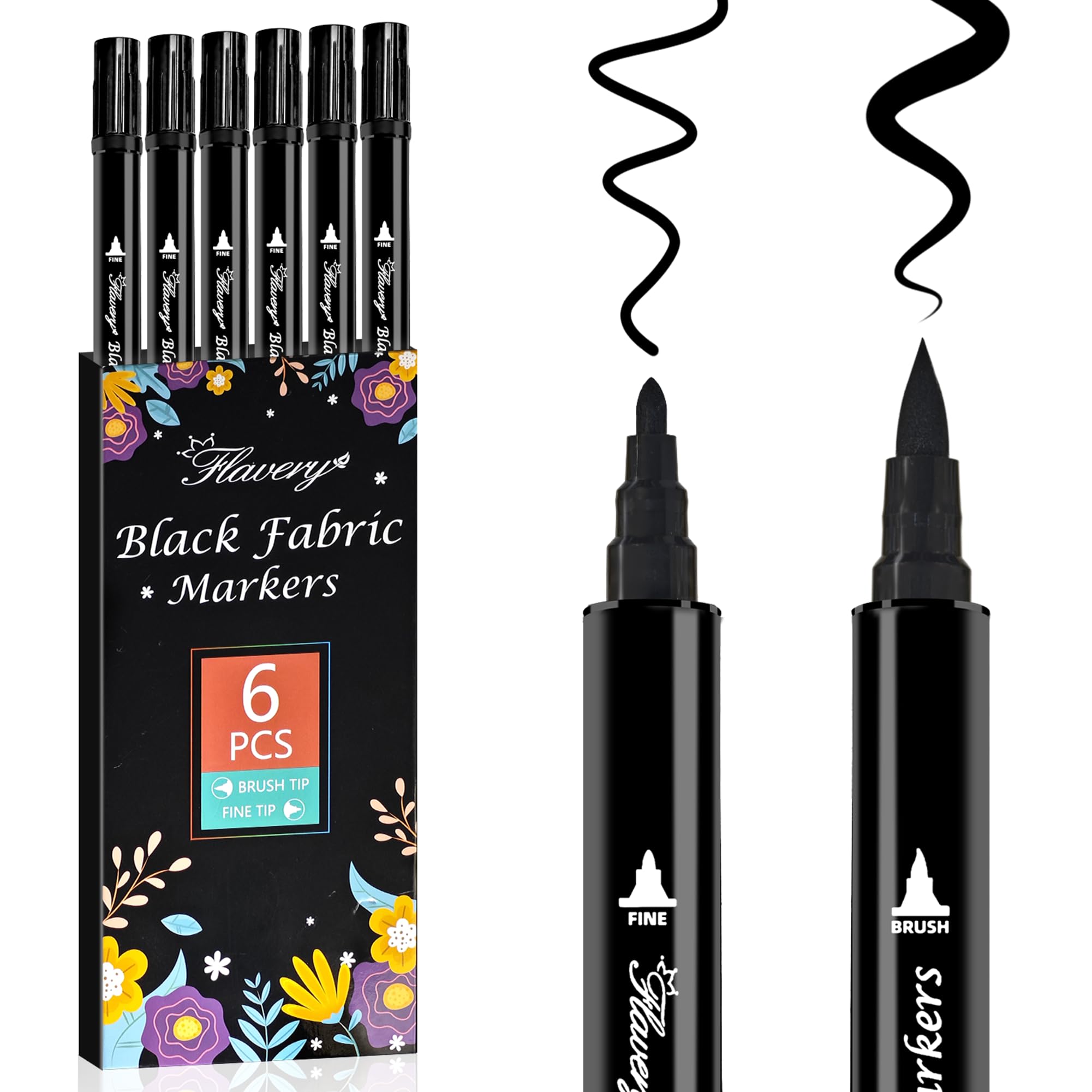 Photo 1 of Flavery Black Fabric Markers 6 Pack - Dual Tip Fabric Markers for Clothes, Permanent Textile Paint Pens for Personalizing T-Shirts, Bags, Hats, Canvas