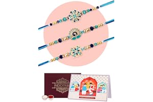 IndoTribe, Rakhi for Brother - Set of 3, Rakhi for Brother and Bhabhi | Lumba Rakhi For Brother with Gift Set | Rakhi with Roli Chawal, Card| Brother Bhaiya Bhabhi Rakhi | Raksha Bandhan Rakhi
