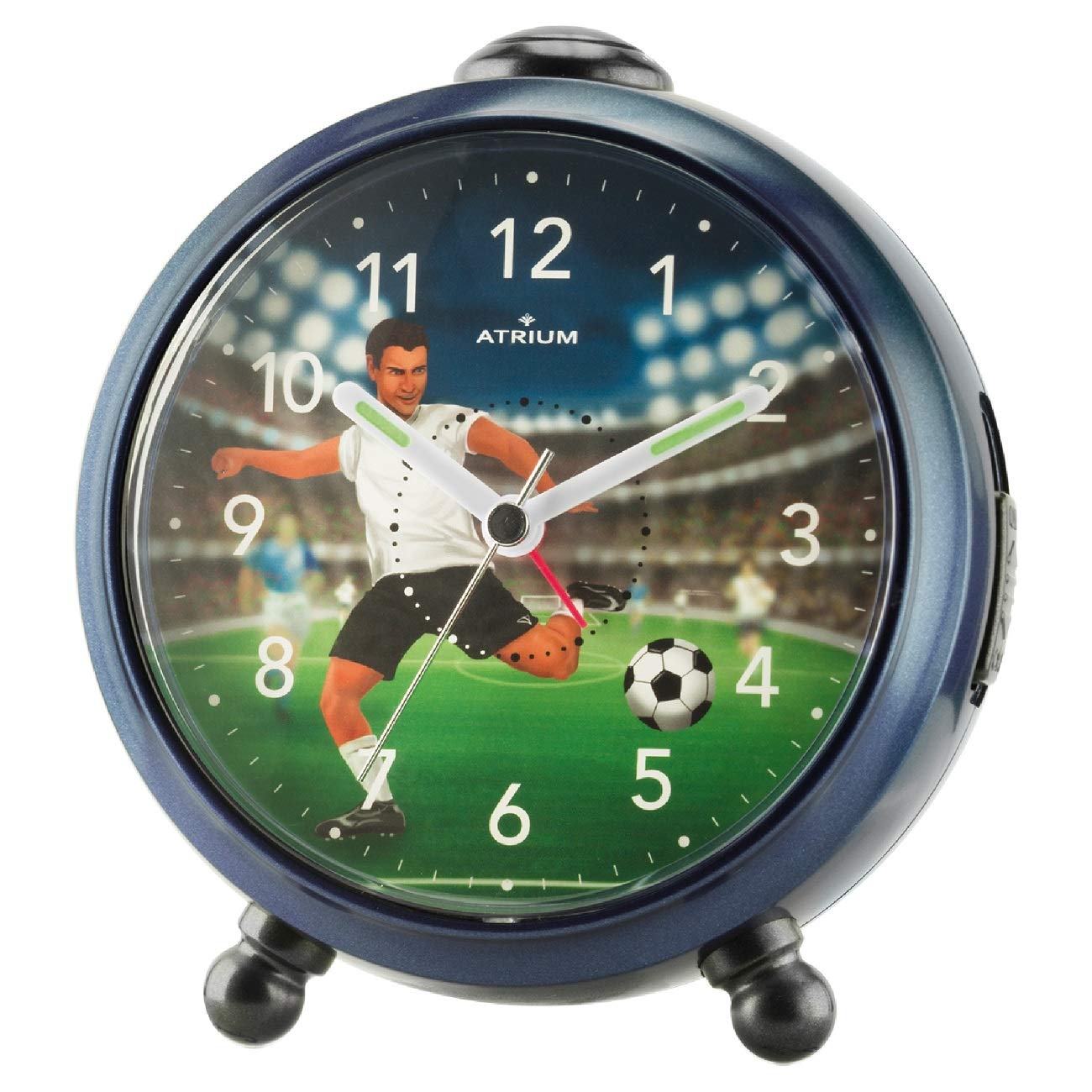 ATRIUM A932-5 Children's Alarm Clock for Boys Scorer Football Stadium Dark Blue Green Black Analogue Quartz without Ticking with Light and Snooze