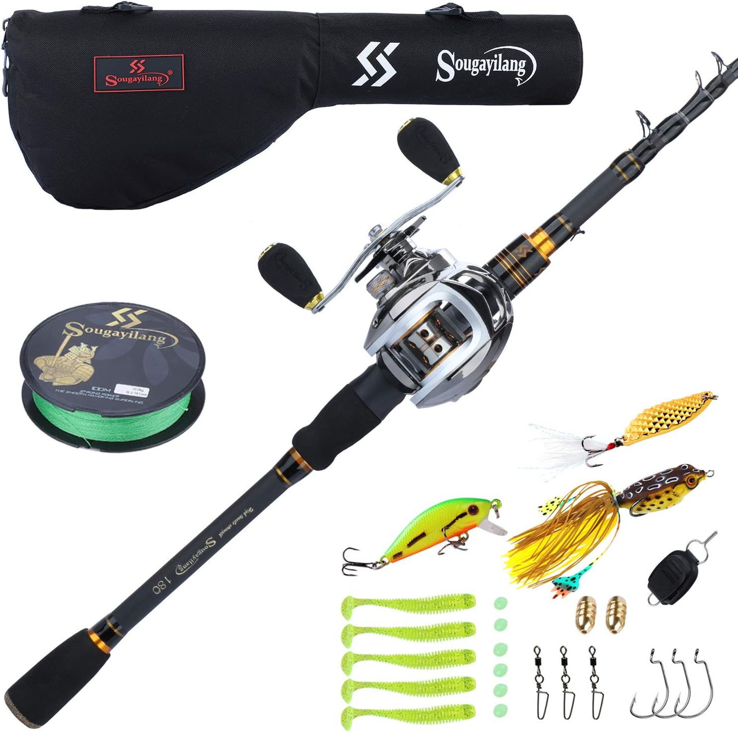Sougayilang Fishing Rod and Reel Combo, Telescopic Casting Rod Baitcasting Reel with Carrier Bag Baitcaster Combo for Freshwater Saltwater