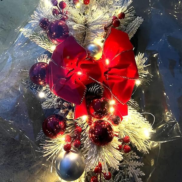 ARTIFICIAL CHRISTMAS SWAG CORDLESS PRELIT TEARDROP SWAGS CHRISTMAS WREATH WITH LIGHTS RUSTIC STAIR GARLAND WITH CHRISTMAS BALL 30LIGHT CHRISTMAS SWAGS STAIRCASE MAILBOX FRONT DOOR WALL DECORATIONS (A)