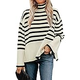 ZESICA Women's Winter Sweaters Casual Turtleneck Long Sleeve Striped Side Slit Loose Pullover Sweater Jumper Tops